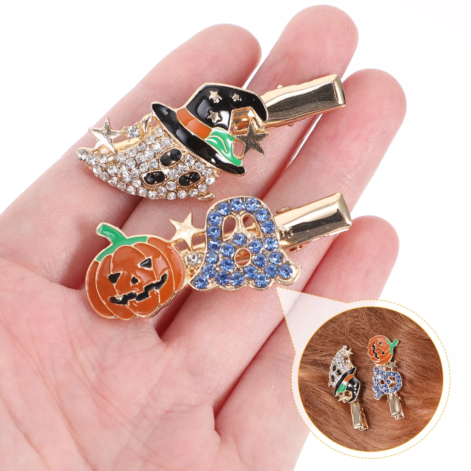 2Pcs 호박 머리핀 할로윈 헤어 클립 라인스톤 유령 액세서리 댄스 파티 코스프레 의상 세련된 매력