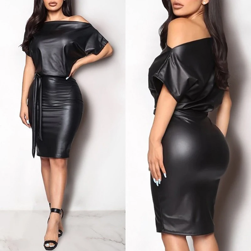 

2023 Women Off Shoulder Short Sleeve PU Leather Mini Dress Sexy Black Crew Neck Wet Look Bodycon Bandage Party Club Mini Dress