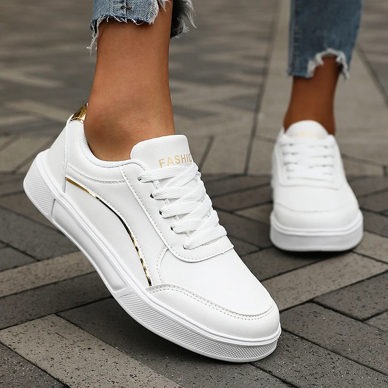 Fashion White Skate Shoes for Women Sleek Silver Detailing Durable Leather Cushioned Women Shoes Lightweight Feel Easy To Clean