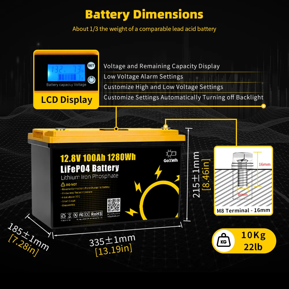 12V 24V 100Ah 200Ah Lifepo4 BYD 12.8V 25.6V Lithium Iron Phosphate Camping Car RV Solar Storage Battery