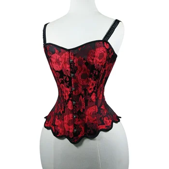 Women Red Print Corset Bustier Overbust Bustier Slimm Waist Trainer Petal Bodice Lace Spaghetti StrapUp Boned Shaping Tops