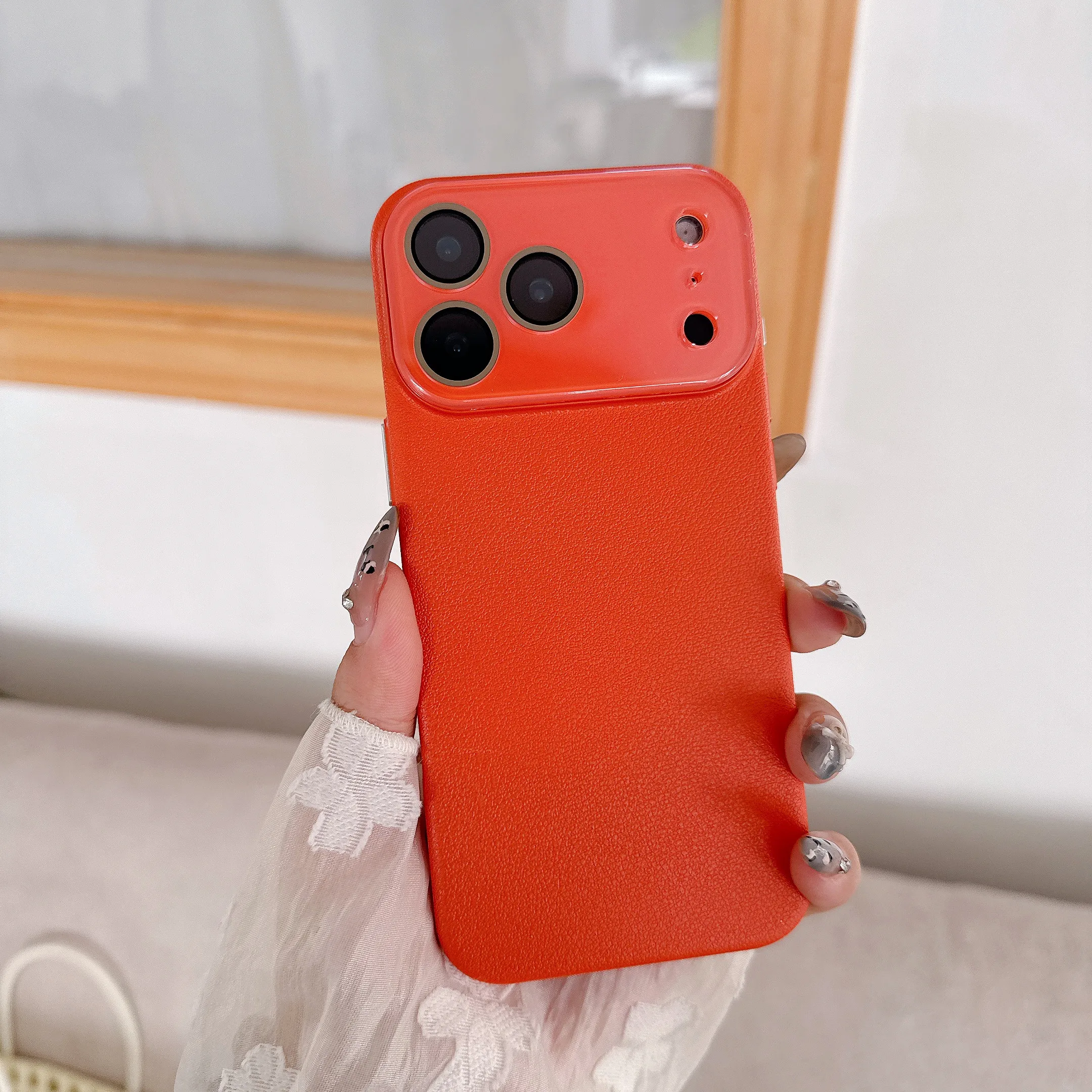 Luxury Leather Texture Rugged Shockproof Case with Glass Lens Protection