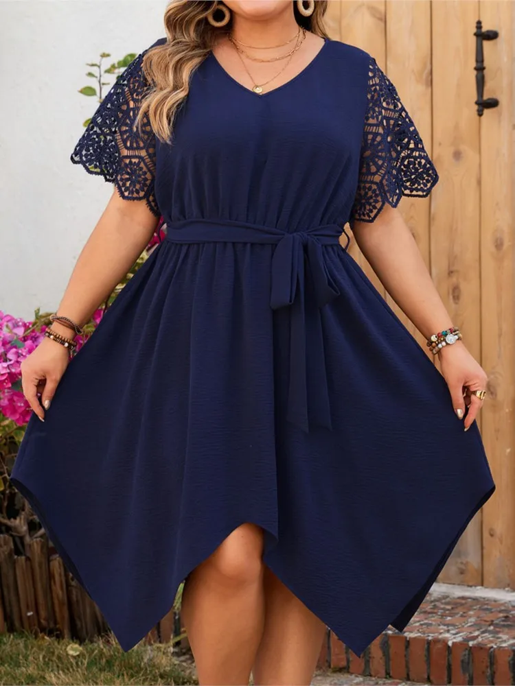 Plus Size Sumemr Irregular Midi Dress Women Hollow Out Patchwork Short Sleeve Fashion Ladies Dresses Loose Pleated Woman Dress