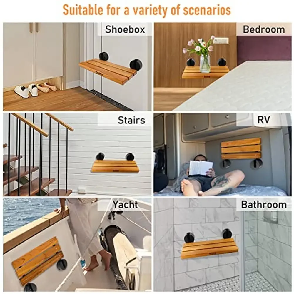 Teak Wood Wall Mounted Foldable Shower Bench Small Space Comfortable & Sturdy Ideal Shower Room Hospital Living Room Non-Slip & 6