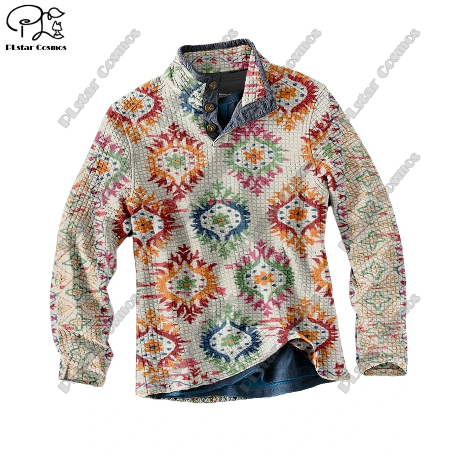 PLstar Cosmos new 3D printing tribal retro pattern series warm stand collar sweater Polo street casual unisex winter Polo L-13