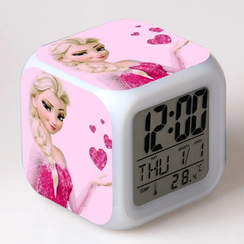 thumbnail image 4 of Reloj despertador digital con luz LED que cambia de color con la princesa Elsa y Anna de la película Frozen de Disney, reloj despertador para niños, juguetes de dibujos animados para niños, 4 of 5