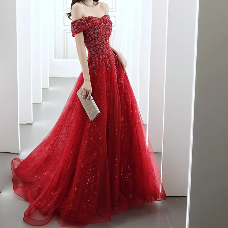 

Luxury Shinny Slash Neck Heavy Beading Sequin Embroidery Dress Slim High End Straps Design Gown Exquisite Lurex Tiered Vestidos