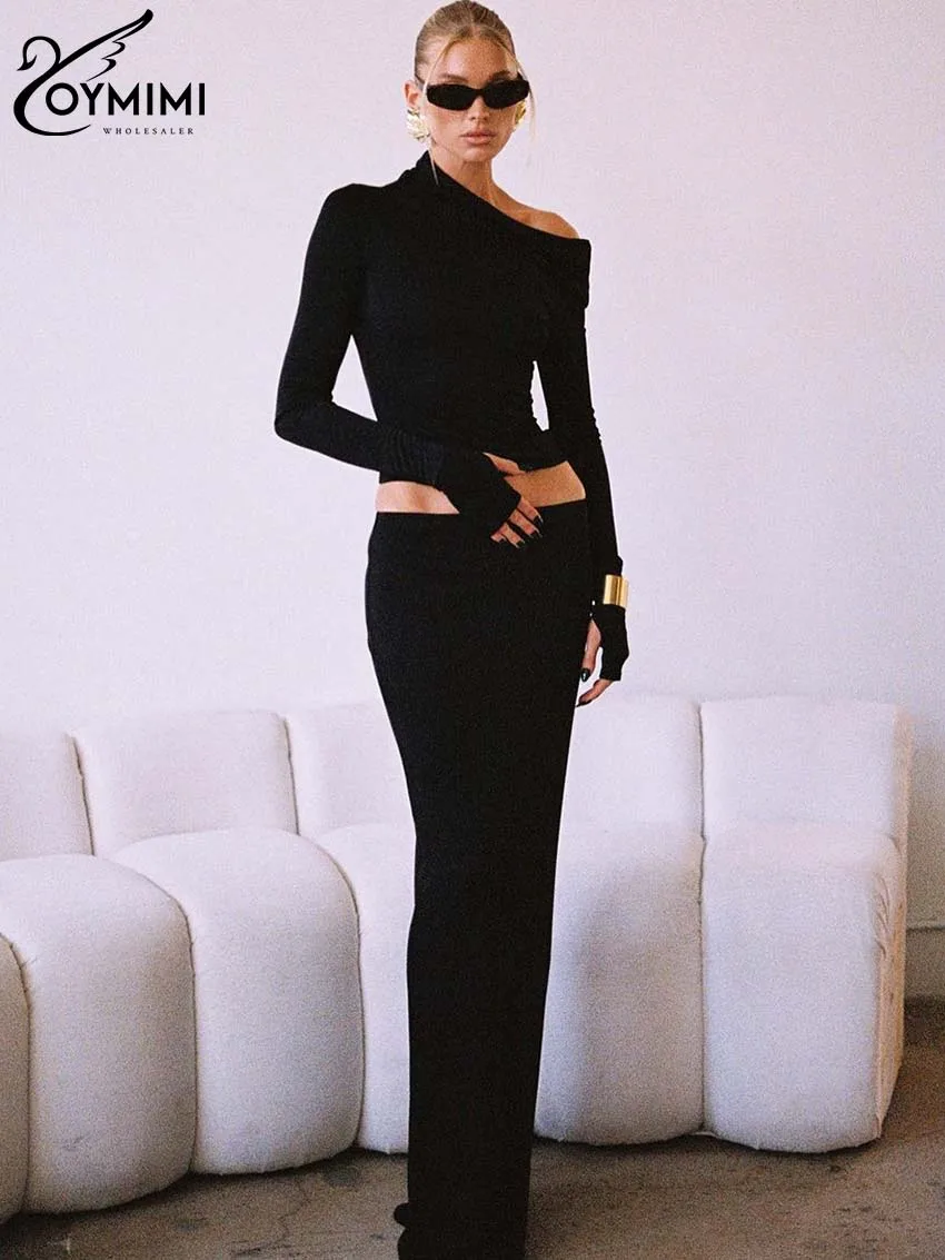 Oymimi Elegant Black Slim 2 Piece Sets Women Outfit Casual Long Sleeve Skew Collar Crop Tops And Straight Floor-Length Skirt Set