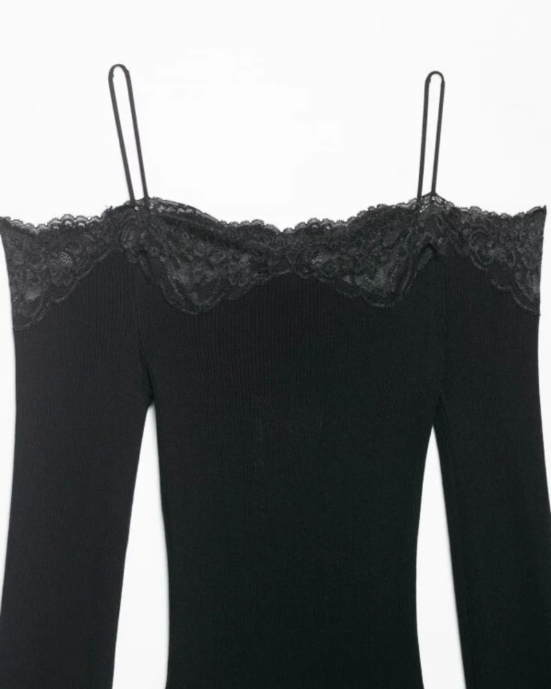 Lace Trim Off Shoulder Long Sleeve Knit Top for Women, Sexy Slim Fit Camisole, Spring Summer Casual Fashion Top