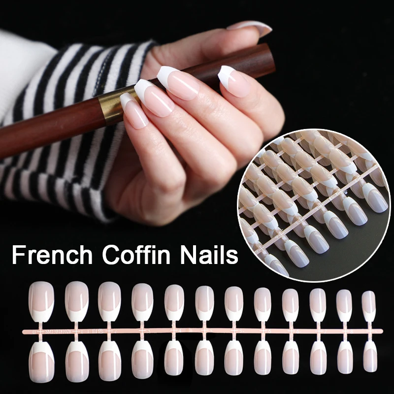 

5 Sets Coffin French False Nail Tips Acrylic Press ON Nail Full Cover Classical Detachable Artificial Short Nails Art Decoration