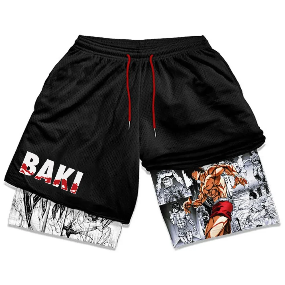 Anime Baki Hanma Gym Workout Shorts for Men Athletic Quick Dry 2 in 1 Compression Shorts Cosplay Costume 2