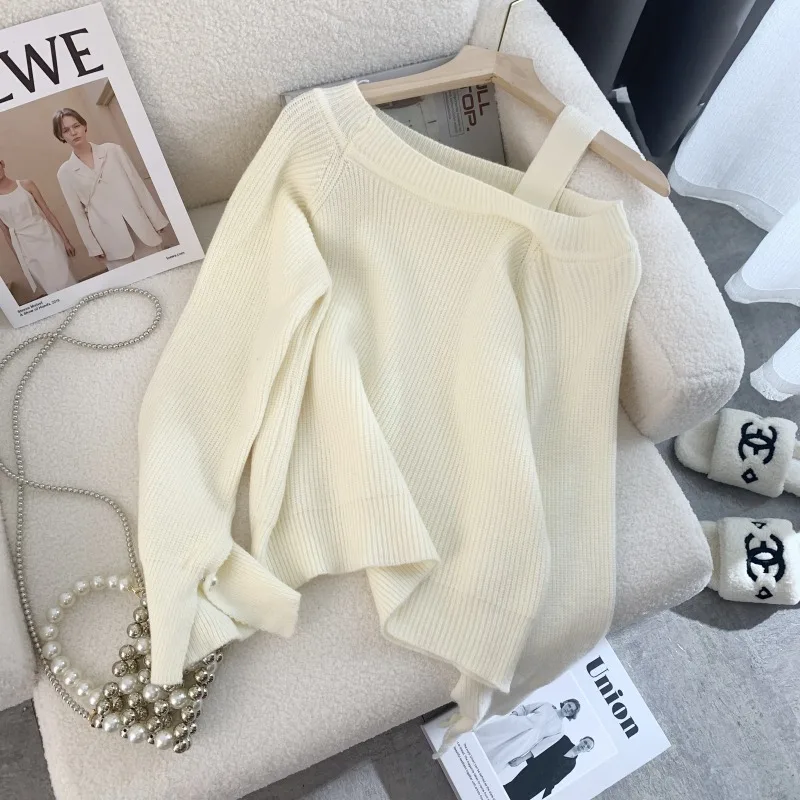 

Розовый белый свитер, простой шикарный осенний Женский кашемировый пуловер, нежный милый свитер с открытыми плечами в ленивом стиле, топы