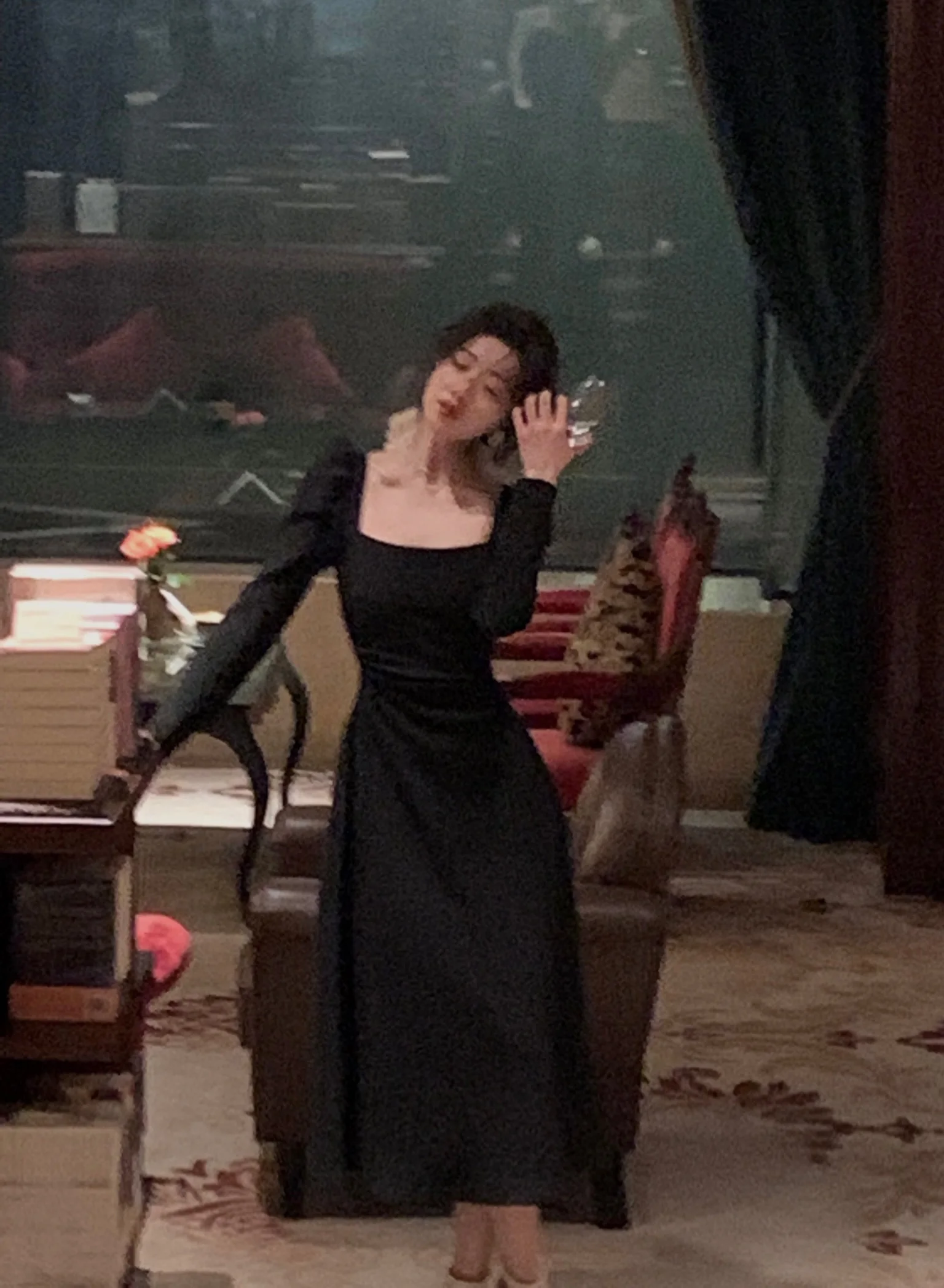 Spring New Elegant Square Collar Midi Party Dresses for Women Long Sleeve Black White Slim Vestidos Female High Waist Clothes