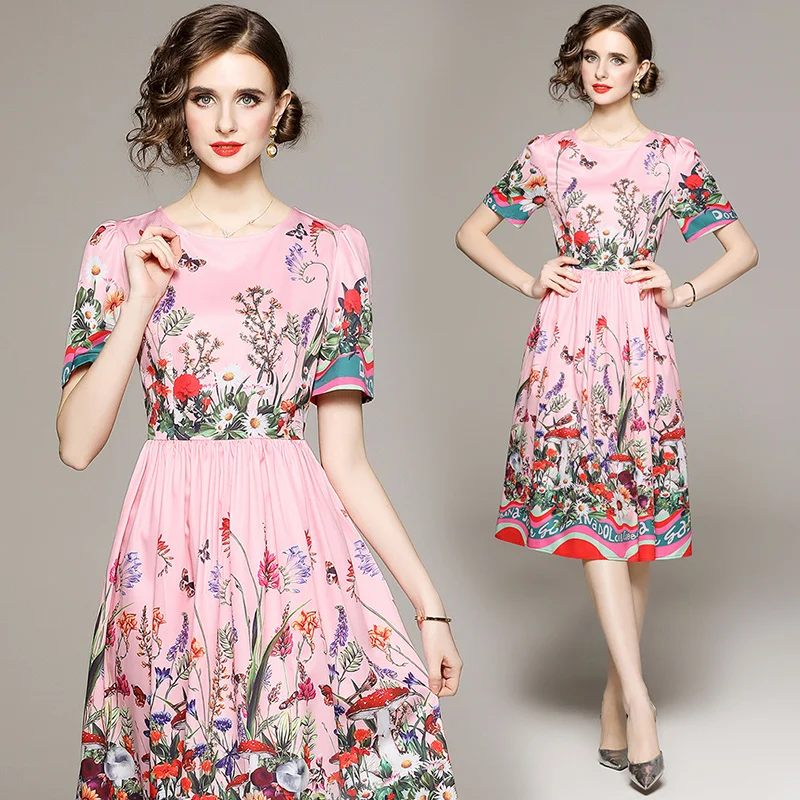 

Women's Summer Floral Midi Dress, Short Sleeve, O-Neck, Slim, A-Line Pleated Dresses, Birthday Ballgown, Birthday, Designer,