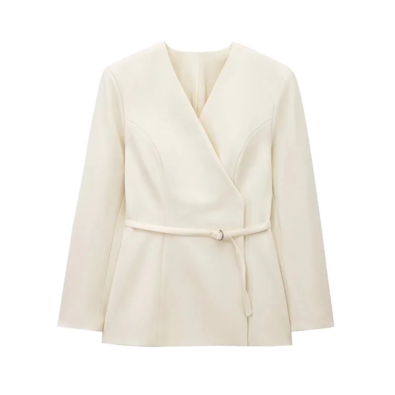 Chaqueta de traje con cinturón fino para mujer, cuello en V, hebilla, manga larga, color liso, primavera 2025, para mujer, para ir al trabajo, ropa de abrigo de cintura alta, nueva