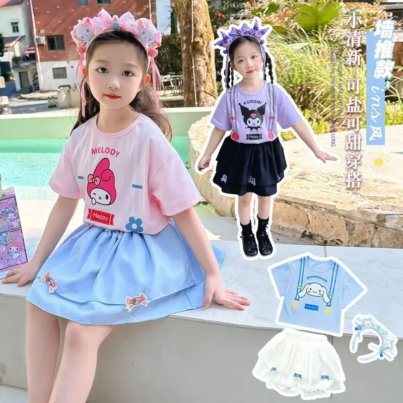 Sanrio Kuromi 마이 멜로디 걸스 반팔 반바지 정장 여름 Cinnamoroll 슬링 조끼 바지 투피스 세트 아동 의류