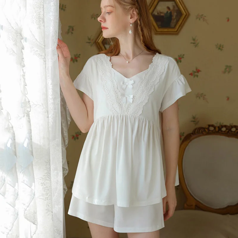 

Pajamas Set For Womens White Cotton Women's Peignoir For Home Shorts Pajama Summer 2023 V Neck Embroidery Flower Sleepwear FG559