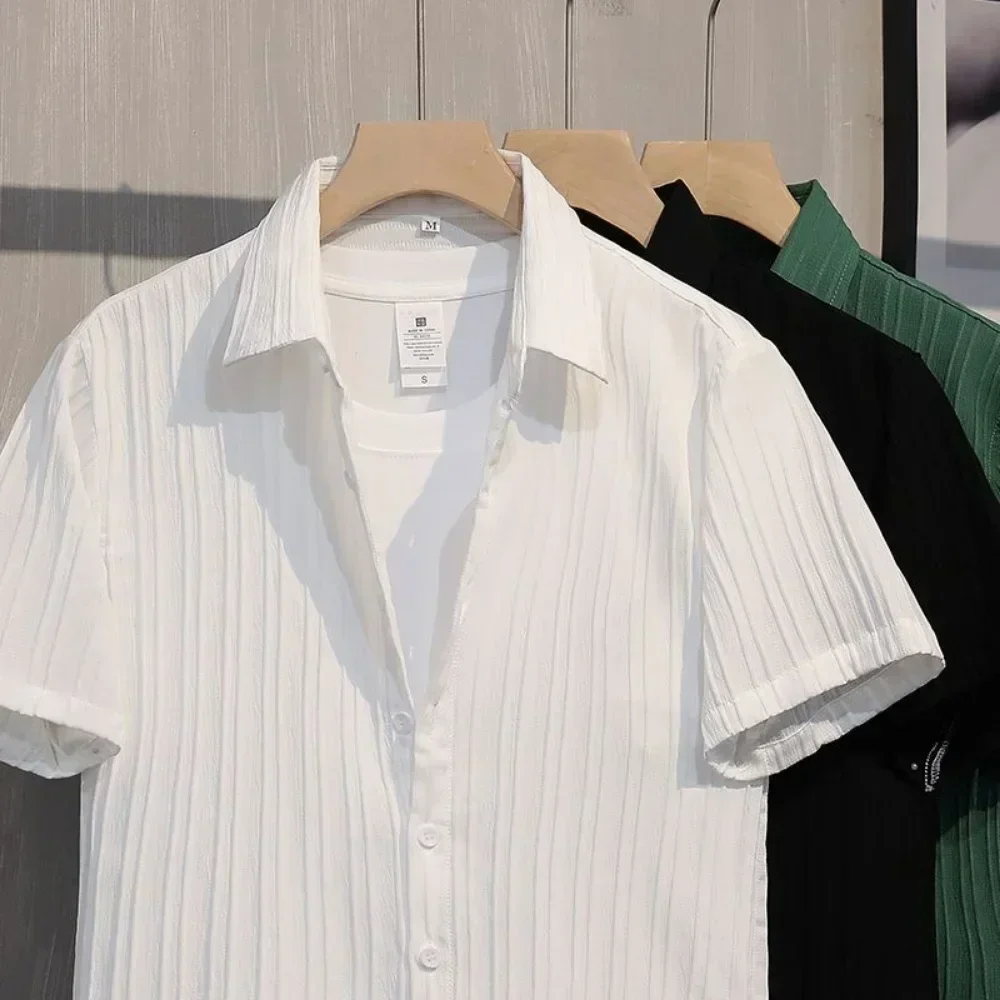 Turn Down Collar Summer Shirts For Men Short Sleeve Lightweight Thin Casual Shirts Striped Design Korean Style Tops Cool 4