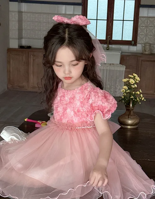 Pink Lace Girls Dress Princess Embroidery Flower Summer -  Israel