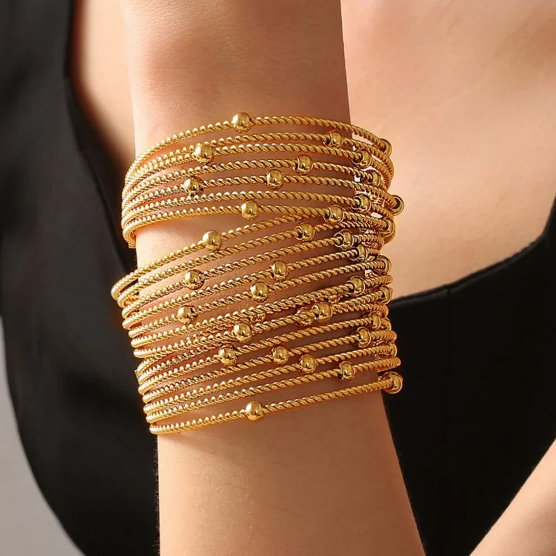 Twisted Circle Combining Beads Bracelet Bangles For Women Stainless Steel Gold Plated Elegant Women's Hand Bracelets Cuff Bangle 6