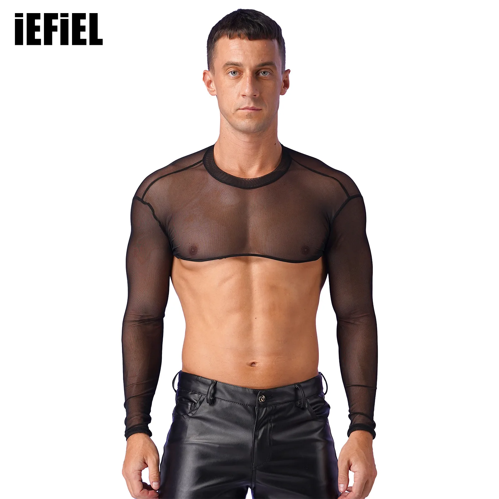 Mens See-through Mesh Crop Top Mock Neck Long Sleeve T-shirt Cover Ups Beachwear Clubwear