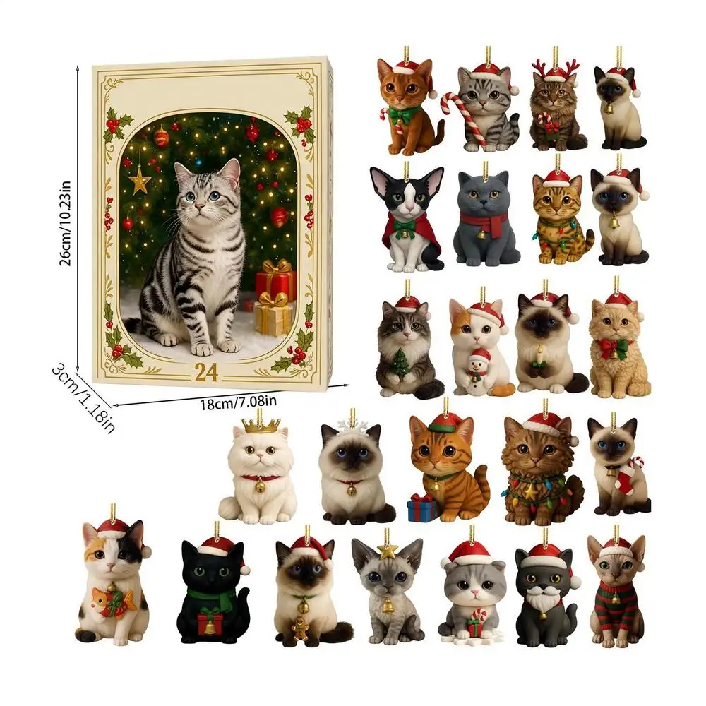 Advent Cat Calendar 2025 Christmas Advent 24-Day Cute 2d Cat Pendant Decorative Charm Countdown Calendar for Pet Lovers