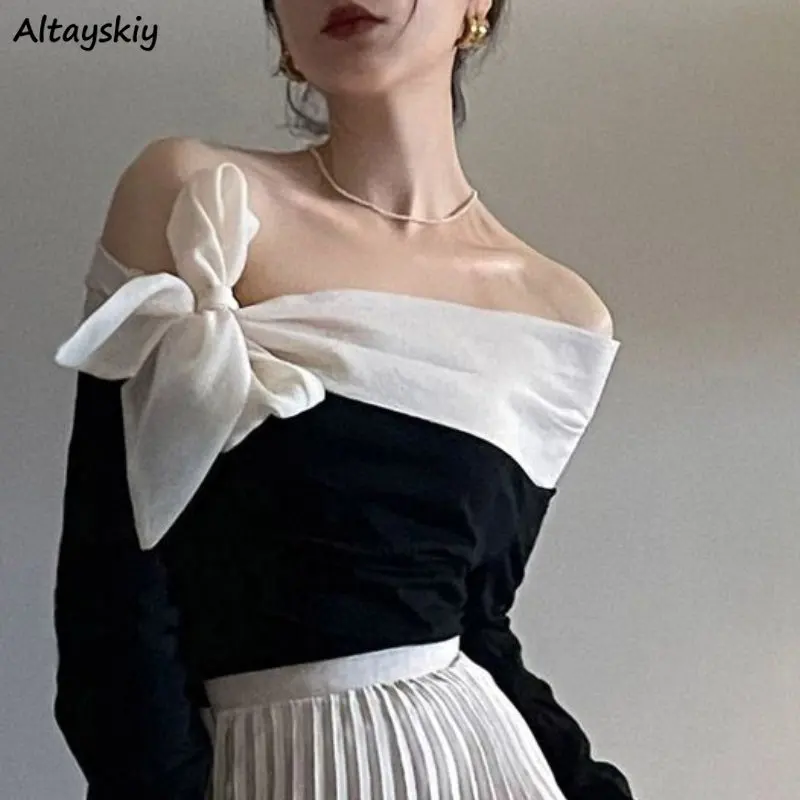 Long-Sleeve-T-shirts-Women-Spring-Slash-Neck-All-match-Chic-Bow-Casual ...