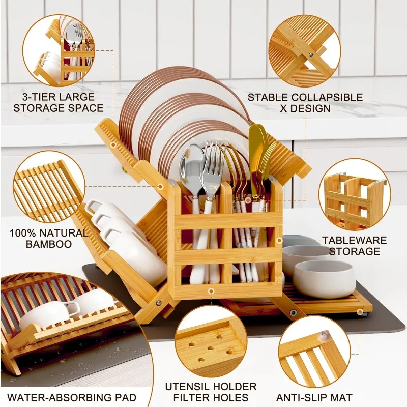 Bamboo Dish Drying Rack with Utensil Holder, 3 Tier Collapsible Dish Rack, Wooden Dish Racks for Kitchen Counter 5