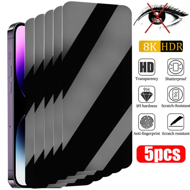 Protecteur d'écran anti-espion pour iPhone, verre de confidentialité en poly pour iPhone SE, 15, 14, 13, 12, 11, 16Pro Max, Mini, 7, 8, 6 Plus, X, XS, 2020, 2022, 5 pièces 1