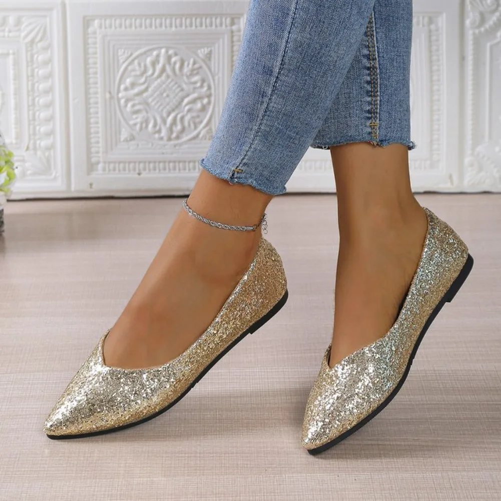 Women's Pointed Toe Flat Ballet Shoes Classic Fashion Sequined Casual Comfortable Autumn New 2025 Zapatos De Mujer