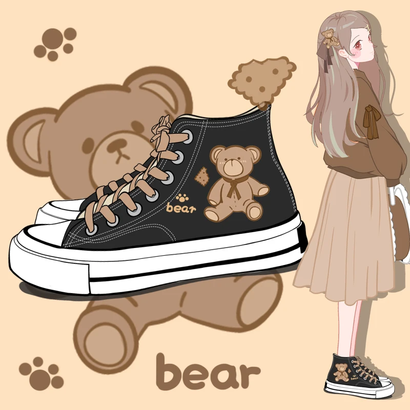 

Amy and Michael Cute Anime Cartoon Bear Canvas Sneakers Lovely Girls Students Black High Top Woman Vulcanize Shoes Retro Flats