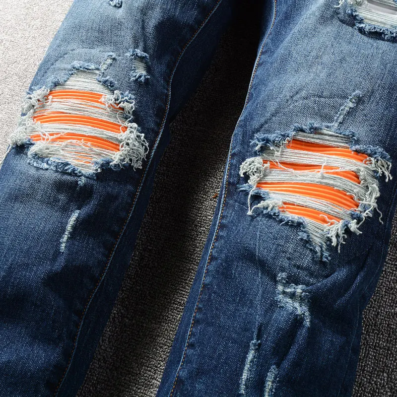 Street Fashion Men Jeans Retro Dark Blue Stretch Skinny Fit Ripped Jeans Men Orange Leather Patched Designer Hip Hop Brand Pants