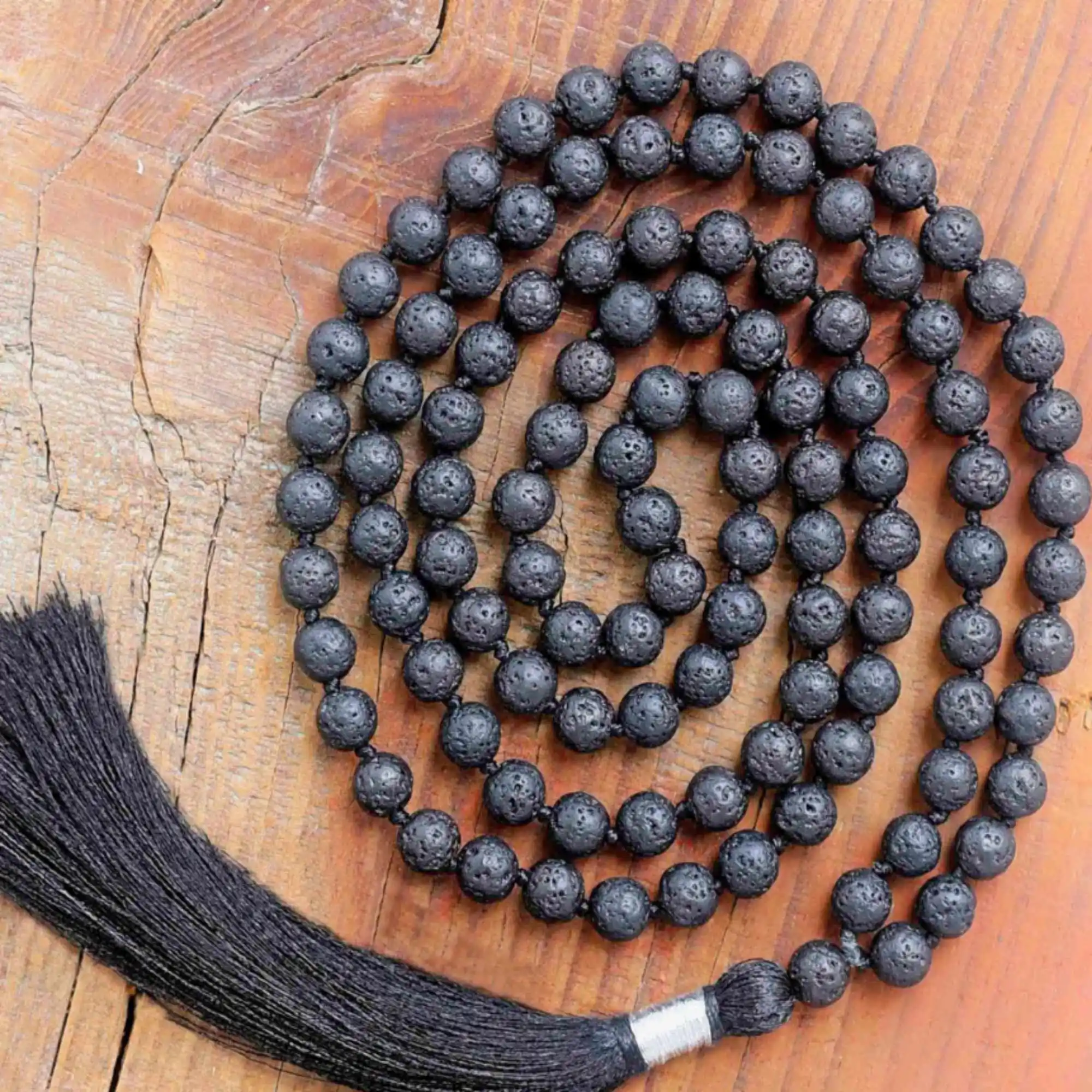 8mm Natural black round volcanic rocks 108 knot necklace Calming Mental Emotional Bless Fancy Easter Dark Matter Restore
