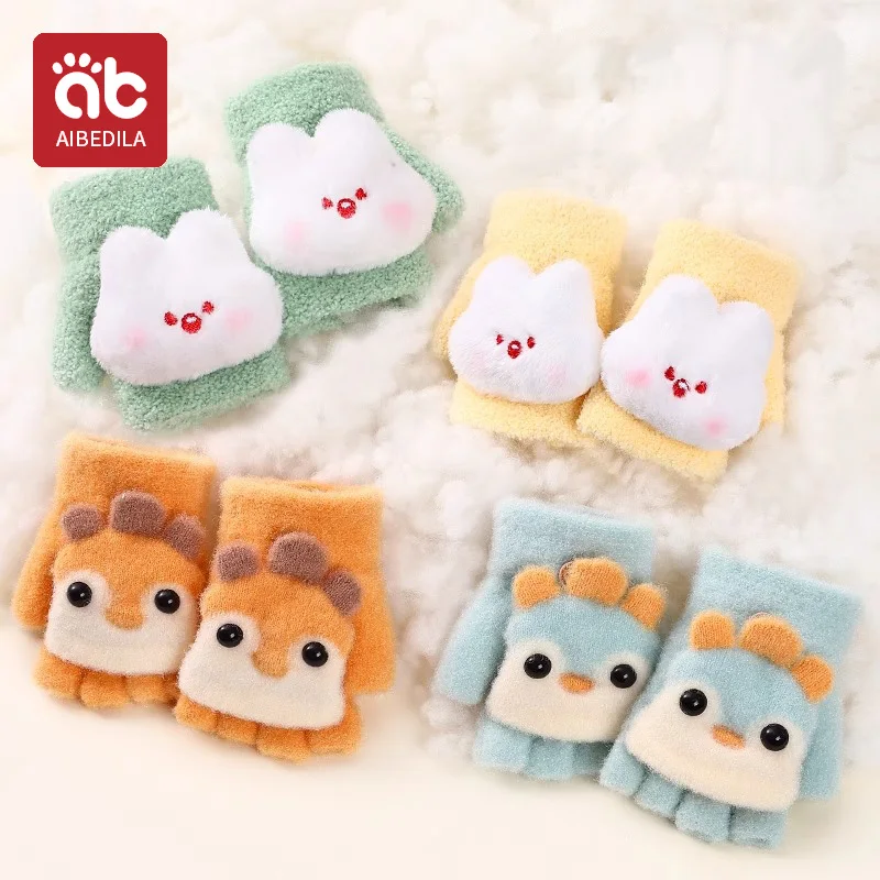 AIBEDILA Children Five Finger Gloves Winter Boy Thickened Half Finger Mittens Girl Kids Knitted Mitten Cartoon Warm Flip Gloves
