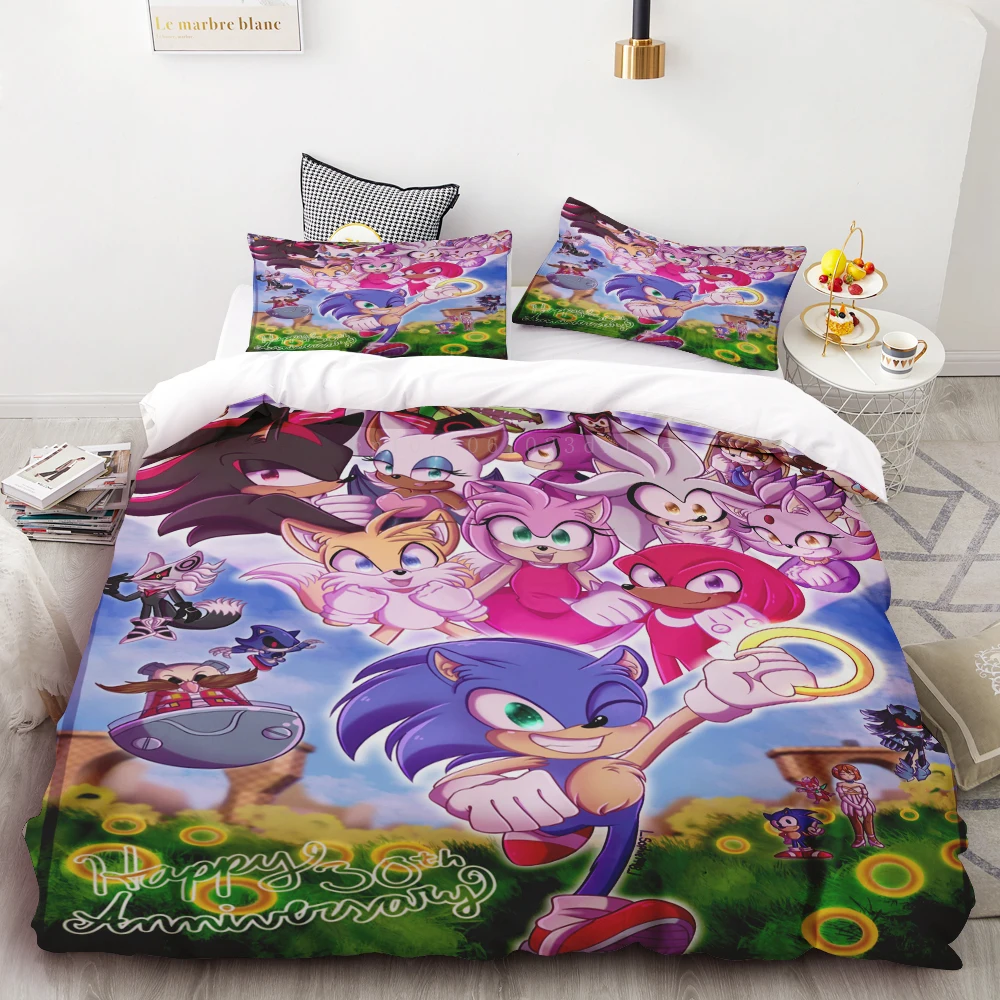 Funda nórdica 3D exquisita caricatura Sonic juego impresión digital juego de cama decoración del hogar edredón cama jóvenes niños niñas niños regalo