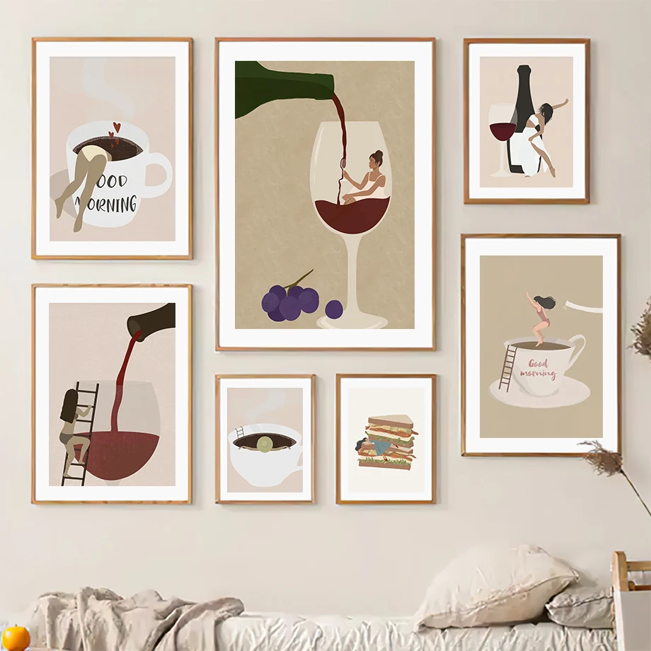 

Red Wine Coffee Sandwich Girl Funny Abstract Wall Art Canvas Painting Posters And Prints Wall Pictures For Living Room Decor