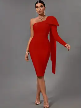 Bandage Dress Red Bodycon Dress Evening Party Elegant Sexy One Shoulder Birthday Club Outfit 4