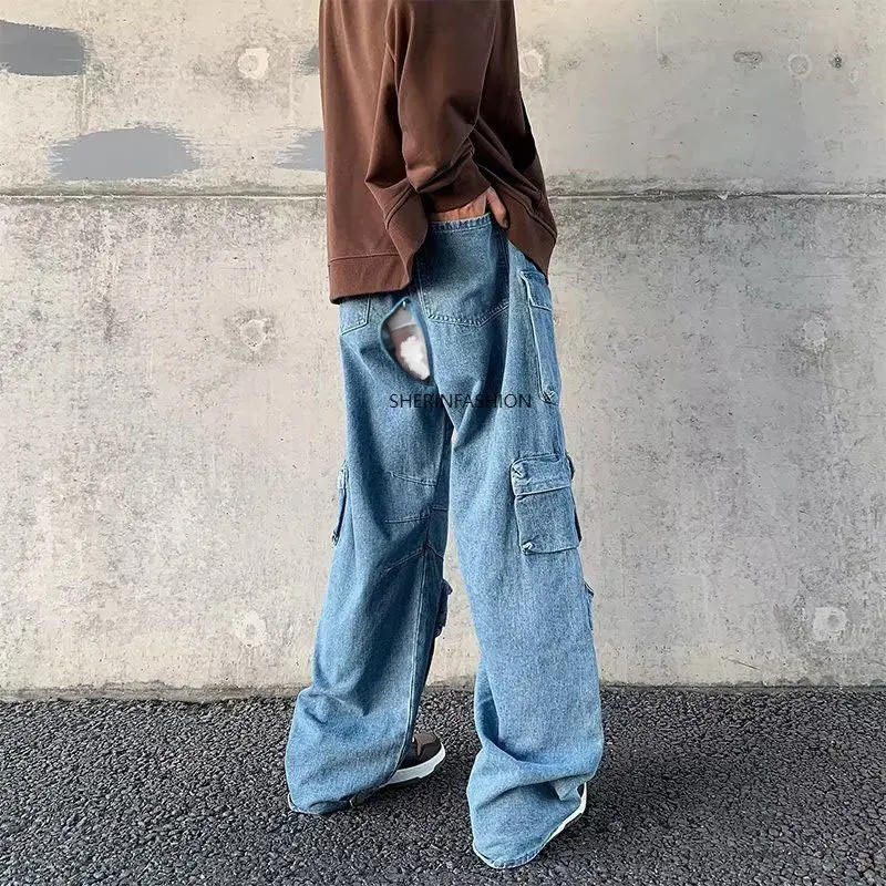 Invisible Open-Seat Pants Ins Hip Hop Y2K Retro Workwear Trousers Loose Wide Leg Jeans High Waist Denim Women's Wear with Pocket