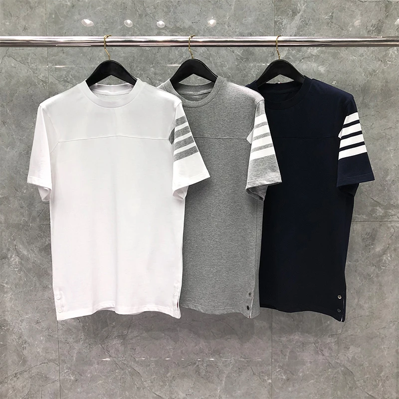 

Summer T Brand Tee Short-sleeved T-shirt Men's And Women's Crewneck Loose Four Stripes Pure Cotton Base Shirt