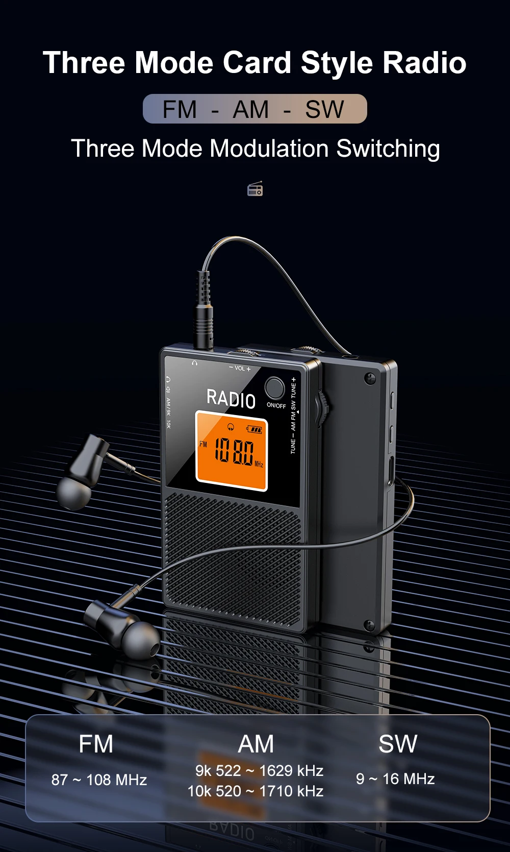 Mini Portable AM FM SW Radio Pocket FM Stereo Radios External Speaker Backlight Screen Rechargeable Radios with Wired Headset