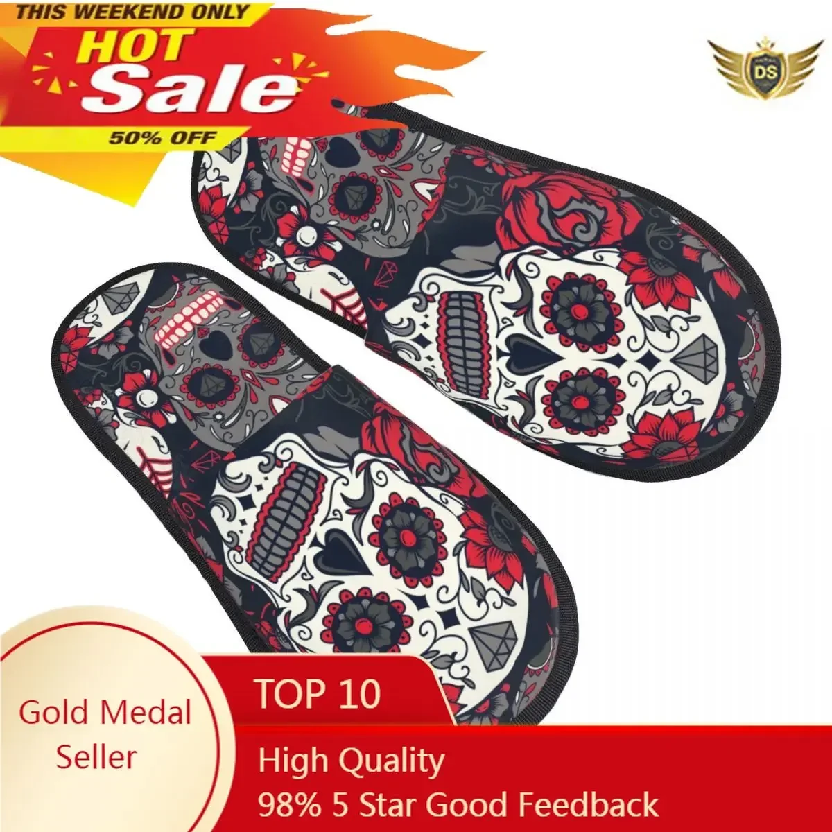 

Men Women Plush Indoor Slippers Colorful Sugar Skull With Ornament And Flower Warm Soft Shoes Home Footwear Autumn Winter