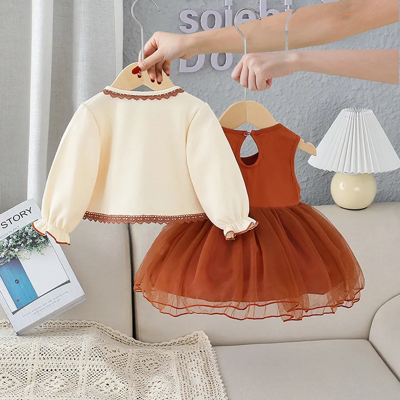 Spring Girls Sweet Princess Dress Fashion 2pcs Sets Children Kids Baby Dress+ Long-sleeved Coat Suit