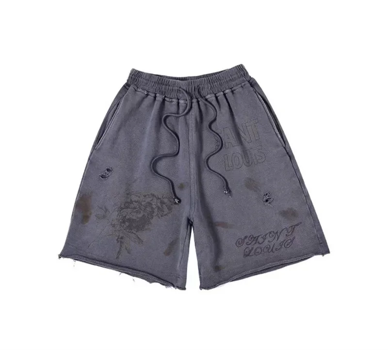 24ss Washed Blue SSSAINT LOUIS Shorts For Men Women 1:1 Best Quality Vintage Sketch Drawstring Shorts