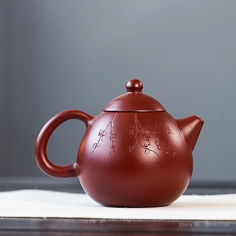 Chinese Style Plum Blossom Pattern Teapot, Purple Clay Raw ore Dahongpao, Kung Fu Household, Pure Handmade, 220ml, Tea Pots, 1Pc