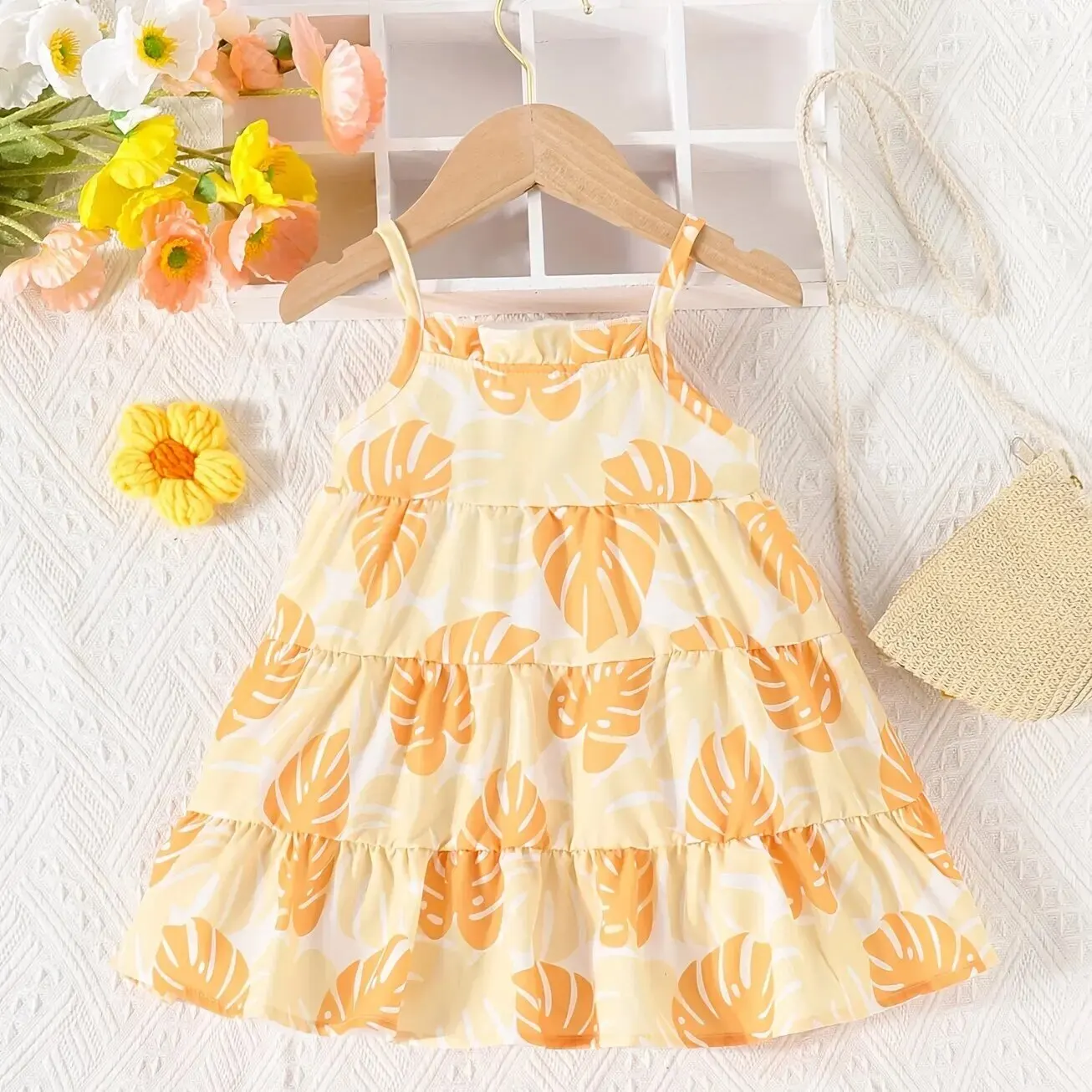 Girls Dress Summer Travel Holiday Dress Cute Baby Girl Beach Beach Holiday Dress Girl Halter Vest Leaf Pattern Cake