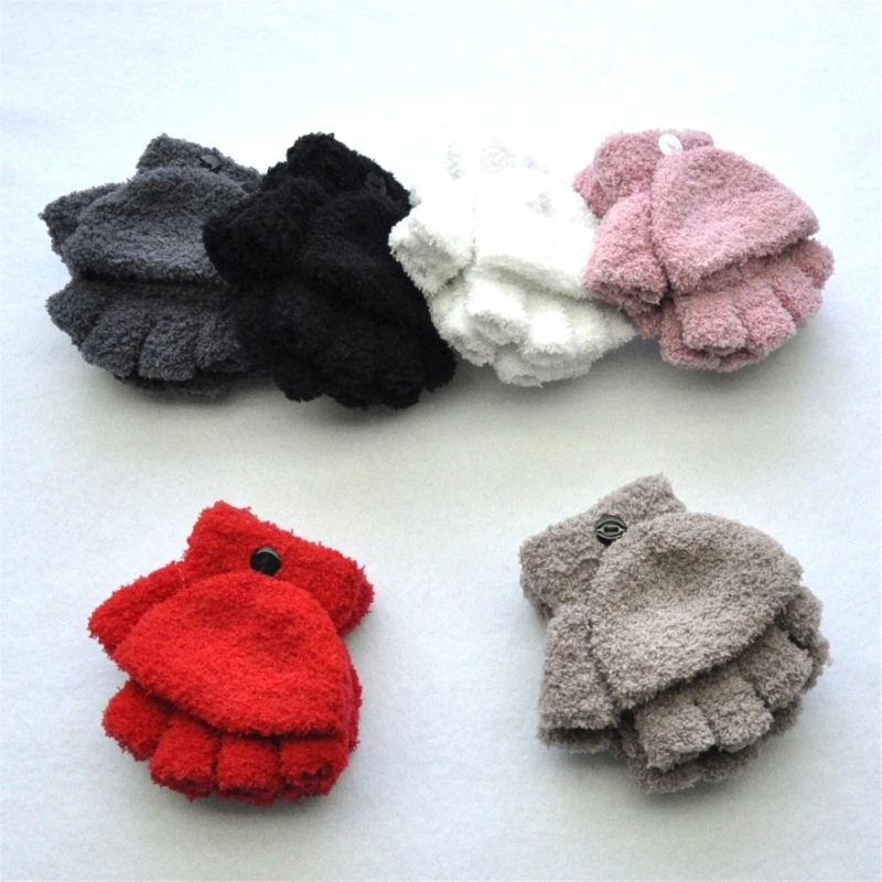 

Winter Warm Gloves Stretchy Mittens Children Fleece Half Finger Knitted Gloves