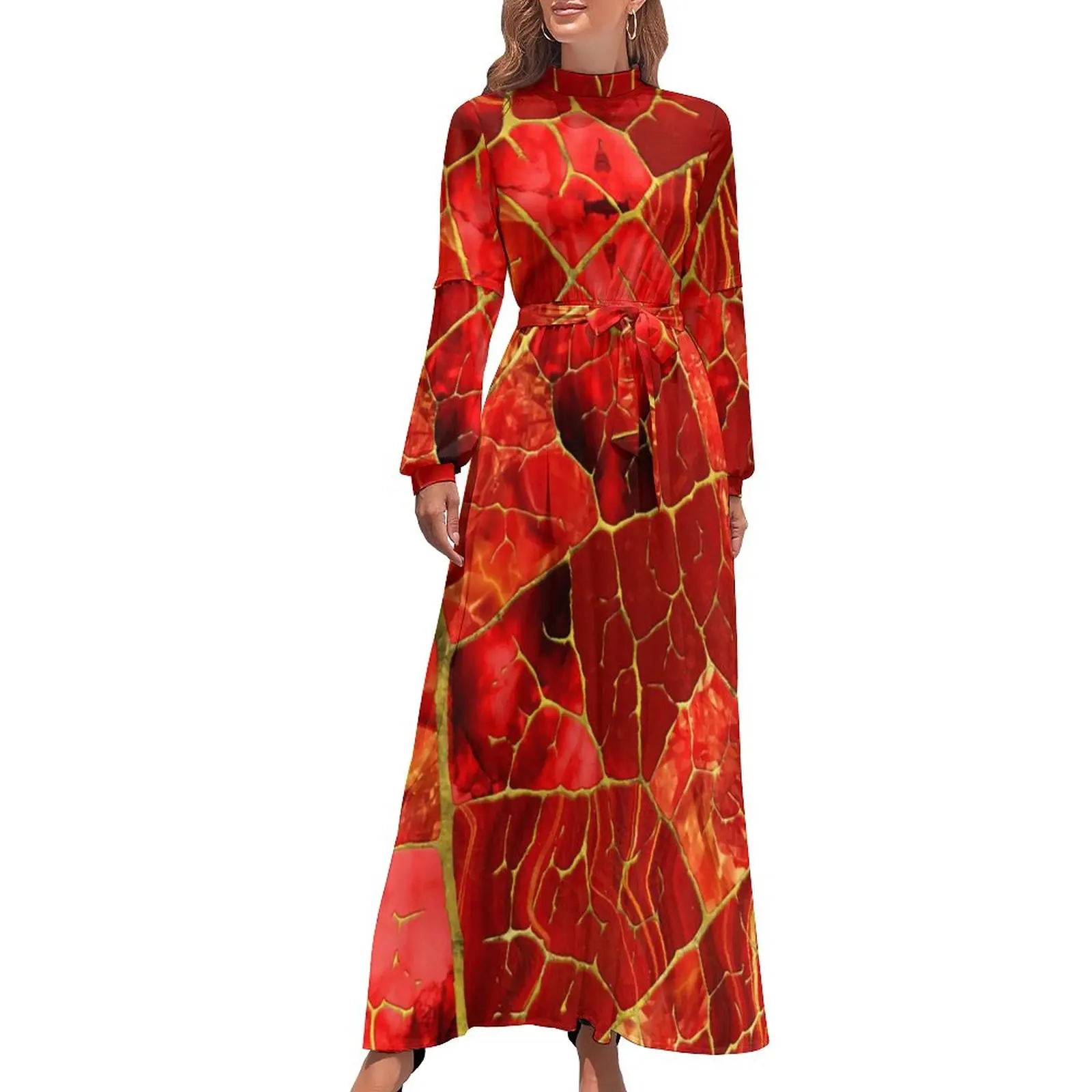 

Red Marble Dress Abstract Leaf Print Aesthetic Beach Dresses Womens Long Sleeve High Waist Trendy Long Maxi Dress