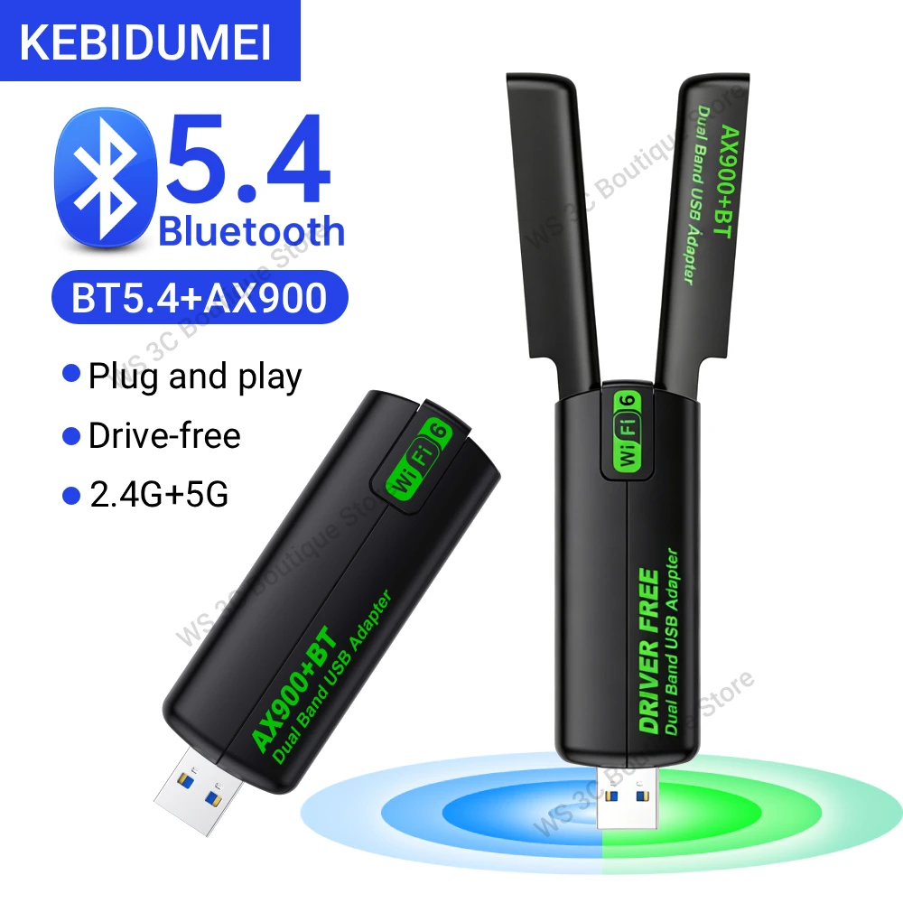 KEBIDUMEI BT5.4 Wi-Fi 동글 900Mbps 2in1 WiFi6 네트워크 카드 무선 안테나 수신기 드라이버 무료 PC 노트북 Win10/11용