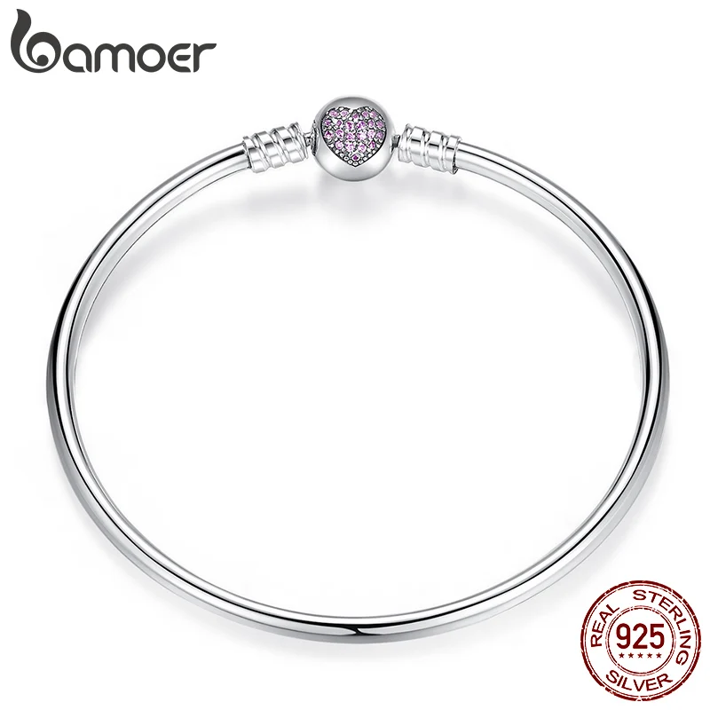 Silver Bracelet BAMOER 925 Sterling Silver Pink Heart Bangle chain bracelet zircon bracelets silver bracelet cubic zirconia bracelet charm bracelet women bracelet