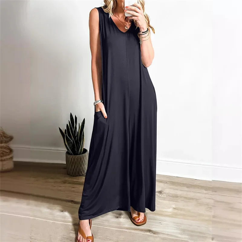 Women Solid Color V Neck Jumpsuit Wide Leg Floor-length Pants Female Summer Casual Thin Double Pockets Sleeveless Loose Rompers